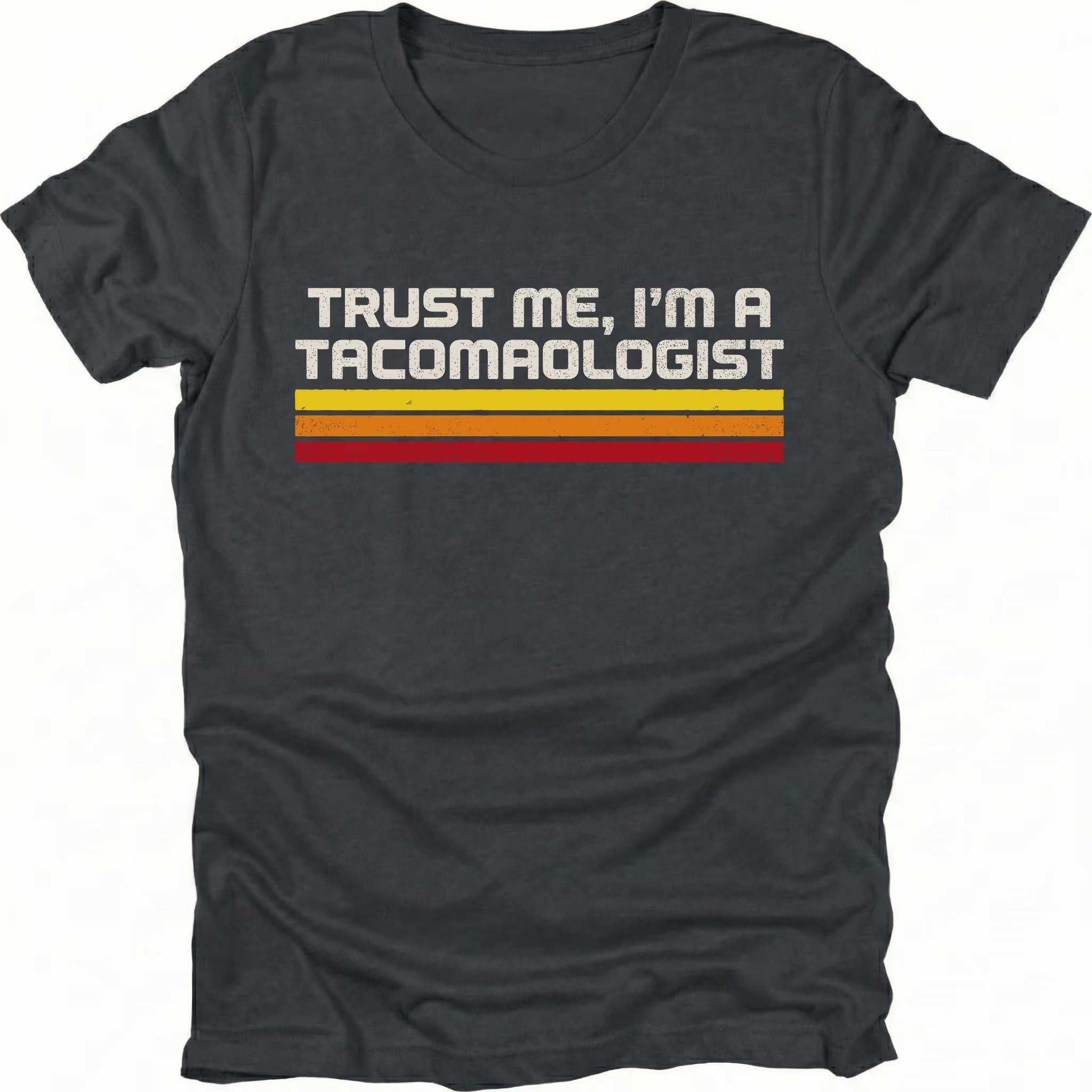 Black t-shirt with retro stripes and the phrase “Trust Me, I’m a Tacomaologist” printed on the front by Trail Snark.