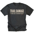 Black T-shirt featuring the Trail Damage Builds Character design on the front by Trail Snark.