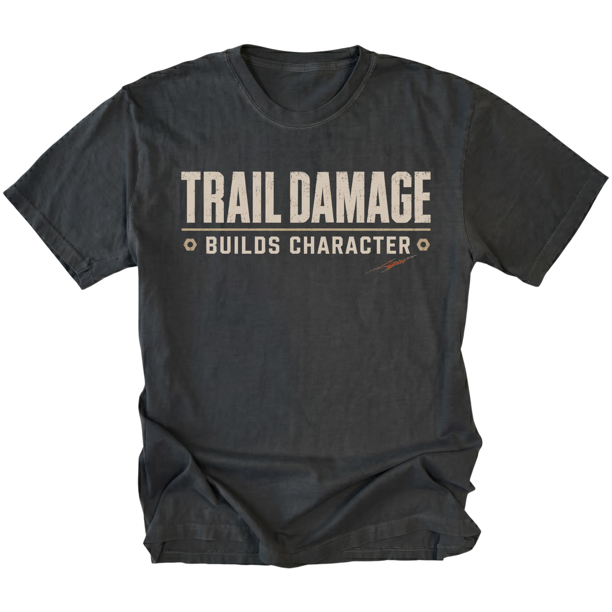 Black T-shirt featuring the Trail Damage Builds Character design on the front by Trail Snark.
