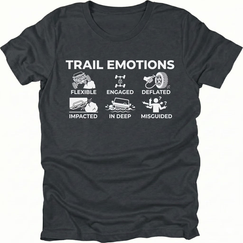 Black t-shirt featuring “Trail Emotions” text with illustrated off-road icons labeled flexible, engaged, deflated, impacted, in deep, and misguided by Trail Snark.