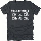 Black t-shirt featuring “Trail Emotions” text with illustrated off-road icons labeled flexible, engaged, deflated, impacted, in deep, and misguided by Trail Snark.