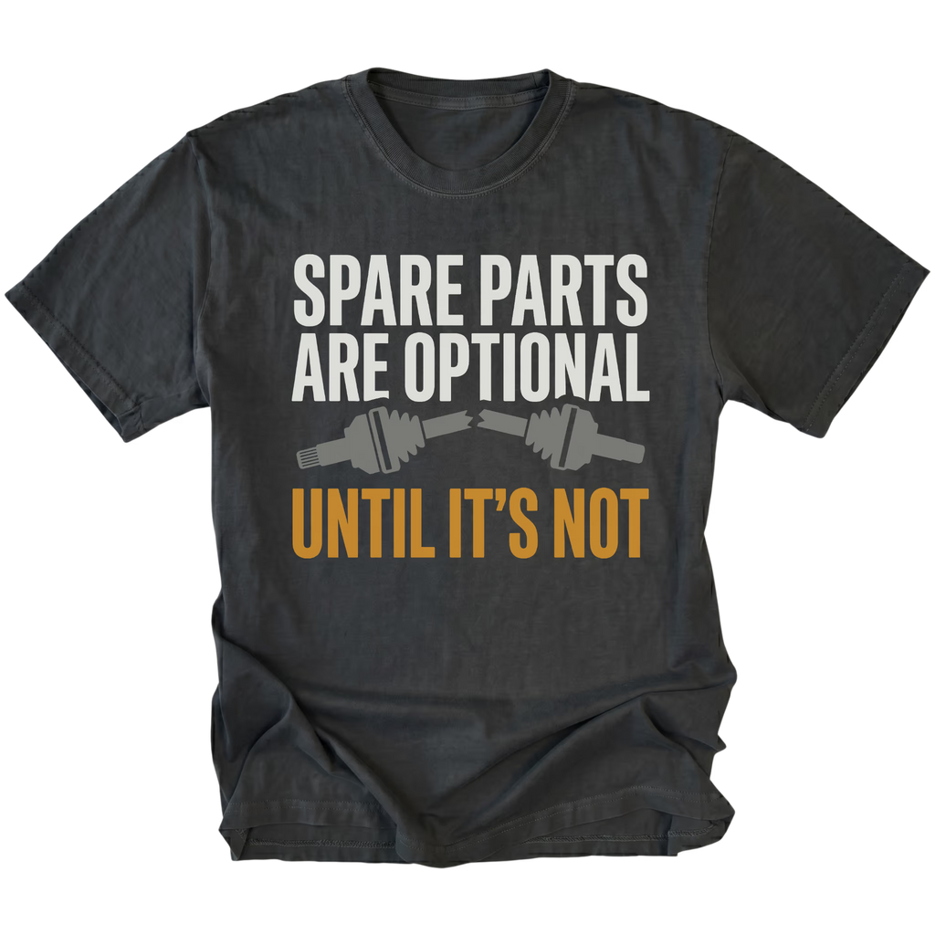 Black T-Shirt featuring the Spare Parts Are Optional Until It’s Not design with a broken axle graphic on the front view by Trail Snark.