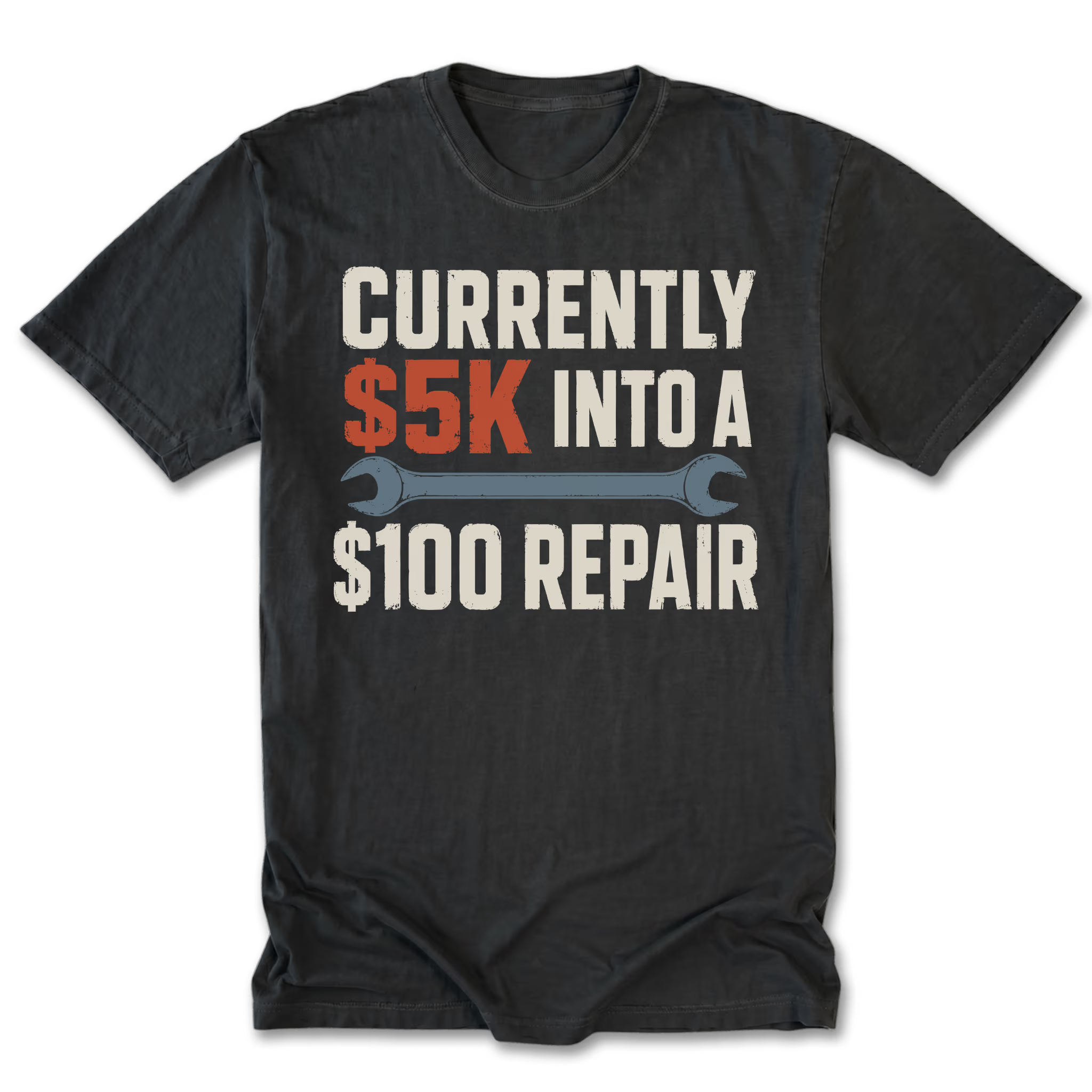 Black Tall Tee featuring the five-thousand-dollar repair design on the front by Trail Snark.