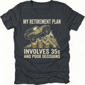 Black t-shirt featuring an off-road Jeep climbing over coins and a downward graph with text reading My Retirement Plan Involves 35s and Poor Decisions, front view by Trail Snark.