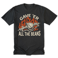 A black t-shirt with a graphic print featuring a skull and axle crossed by flames, with the text 'GAVE 'ER ALL THE BEANS' in a cream-colored font.