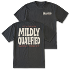 Two black graphic t-shirts shown on a white background, with the front and back views overlapping. The front features a small 'LEAD RIG' logo on the left chest, and the back features a large graphic print reading 'OFFICIAL TRAIL GUIDE MILDLY QUALIFIED UNOFFICIALLY TERRIBLE AT IT' in cream and orange lettering.