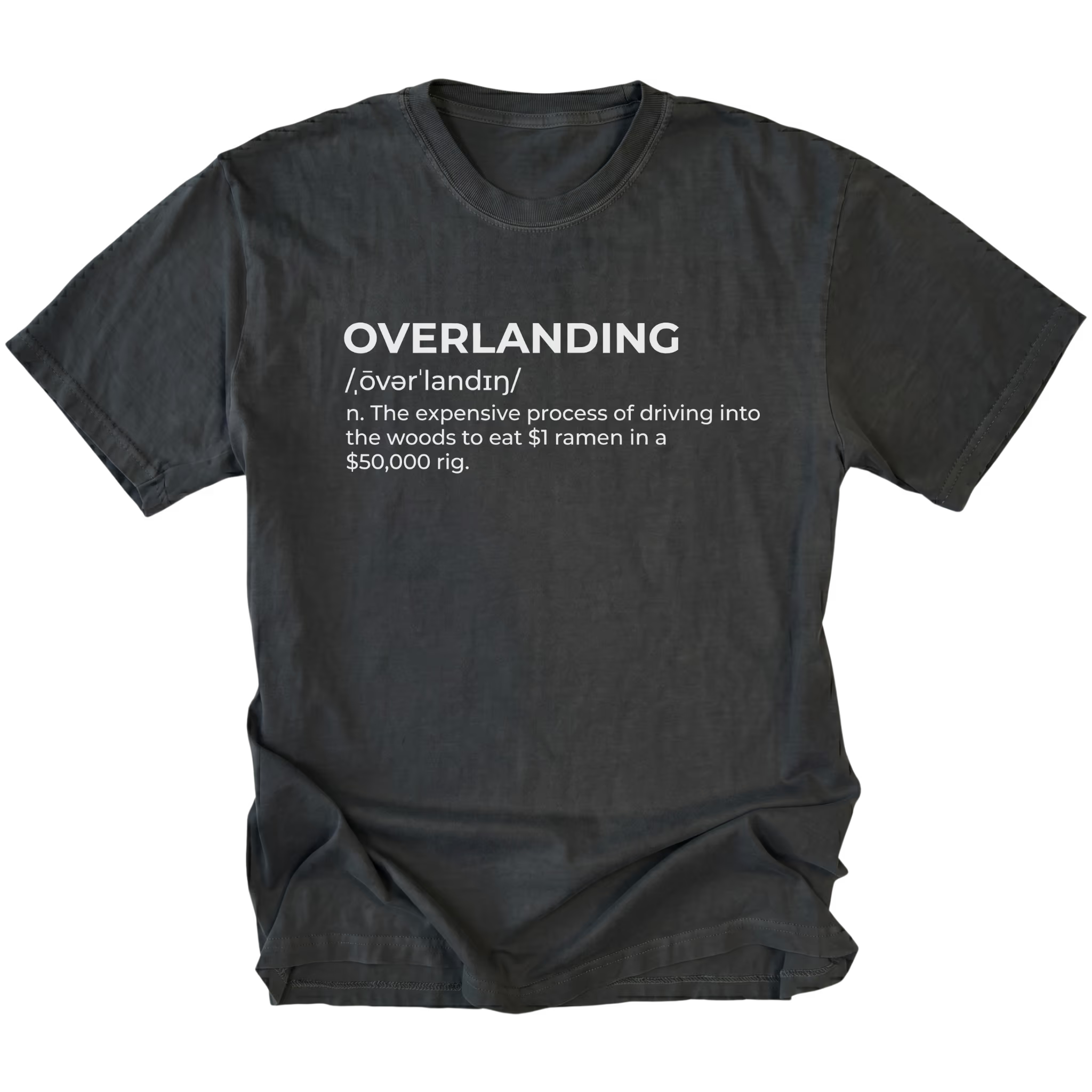 Black T-Shirt with dictionary-style “Overlanding” definition text shown on front view by Trail Snark.