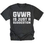 Black t-shirt featuring distressed white text reading GVWR Is Just a Suggestion shown on the front by Trail Snark.
