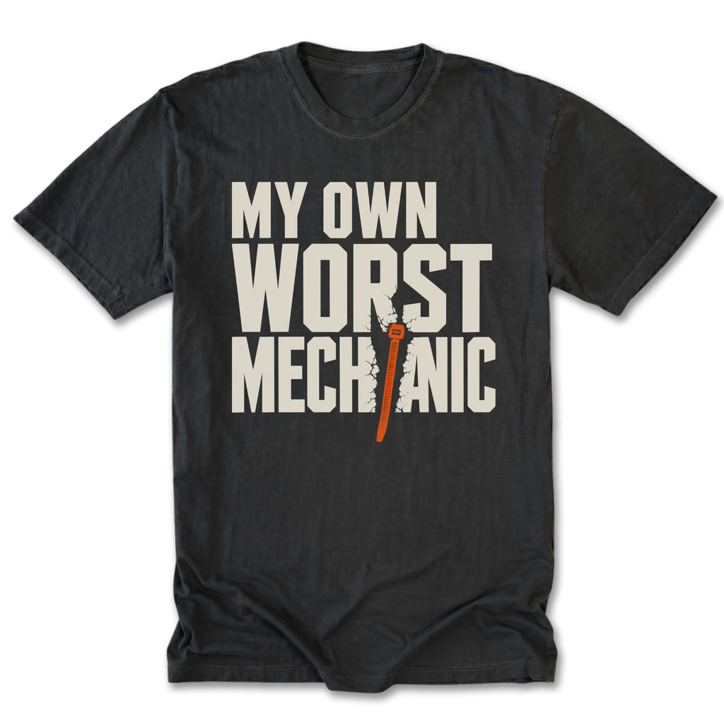Black Tall Tee featuring the My Own Worst Mechanic design on the front by Trail Snark.