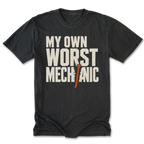 Black Tall Tee featuring the My Own Worst Mechanic design on the front by Trail Snark.