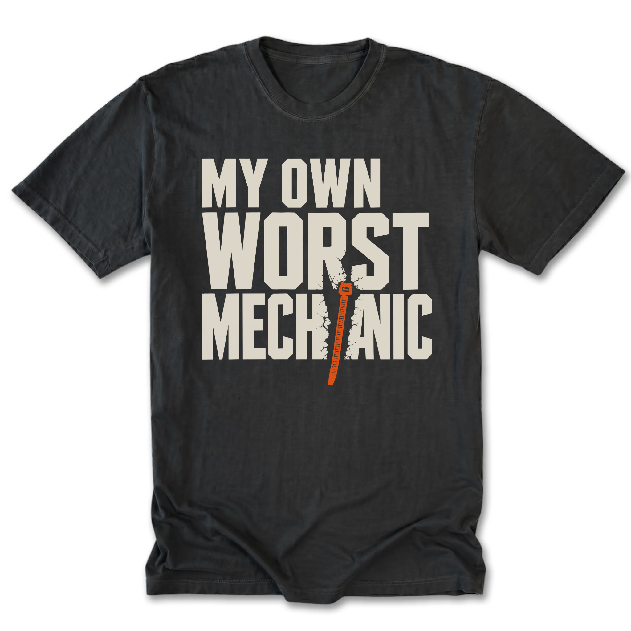 Black Tall Tee featuring the My Own Worst Mechanic design on the front by Trail Snark.