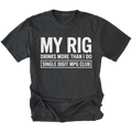 Black T-Shirt featuring My Rig Drinks More Than I Do Single Digit MPG Club design on front view by Trail Snark.