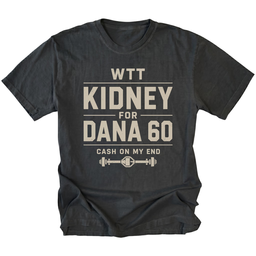 Black T-shirt with a WTT Kidney For Dana 60 off-road axle trade design shown from the front by Trail Snark.