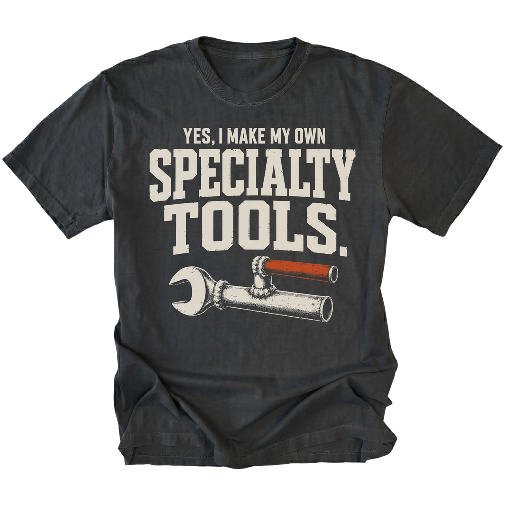 Black T-shirt featuring the Specialty Tools design with an improvised welded wrench on the front by Trail Snark.