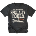 Black T-shirt featuring the Specialty Tools design with an improvised welded wrench on the front by Trail Snark.