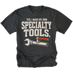 Black T-shirt featuring the Specialty Tools design with an improvised welded wrench on the front by Trail Snark.