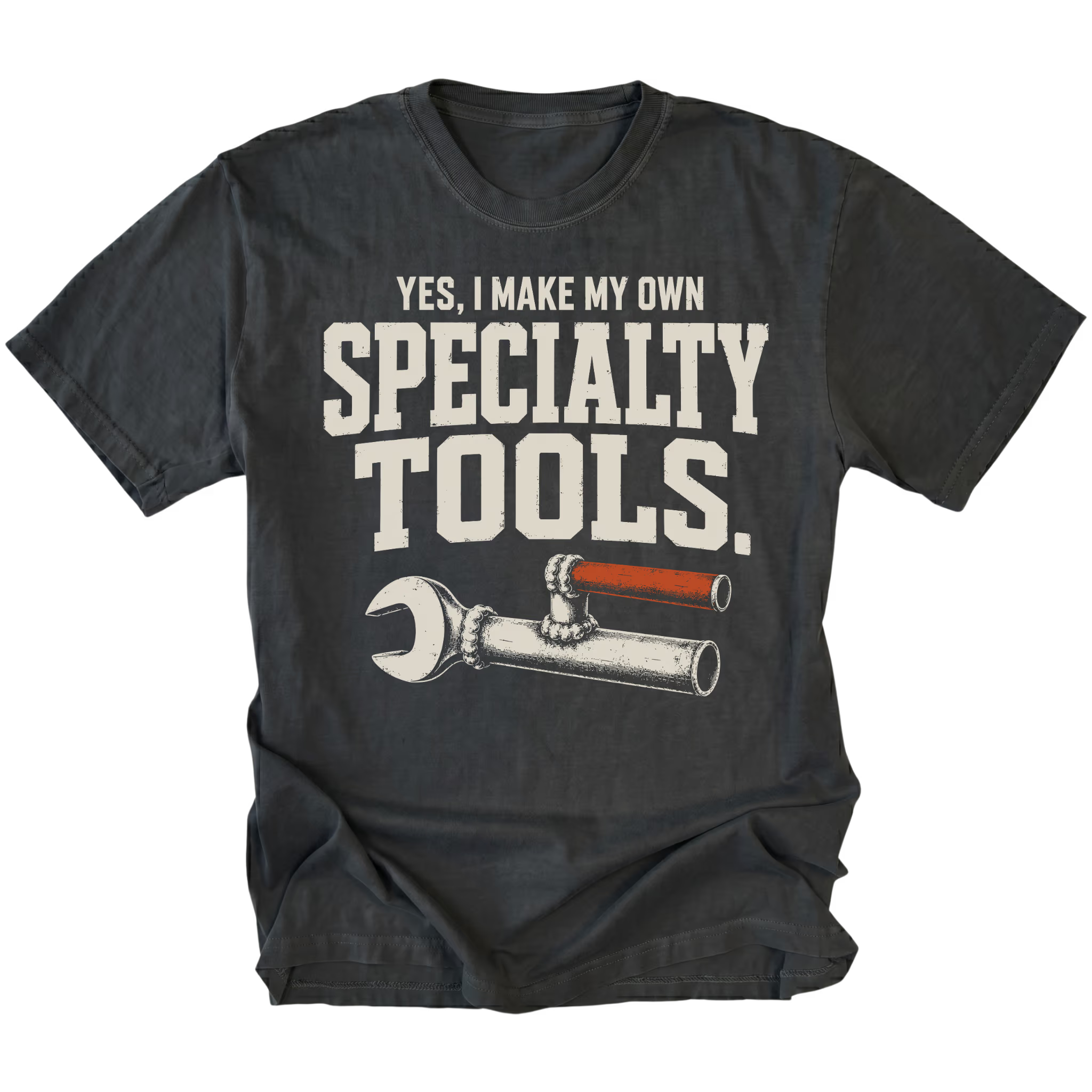 Black T-shirt featuring the Specialty Tools design with an improvised welded wrench on the front by Trail Snark.