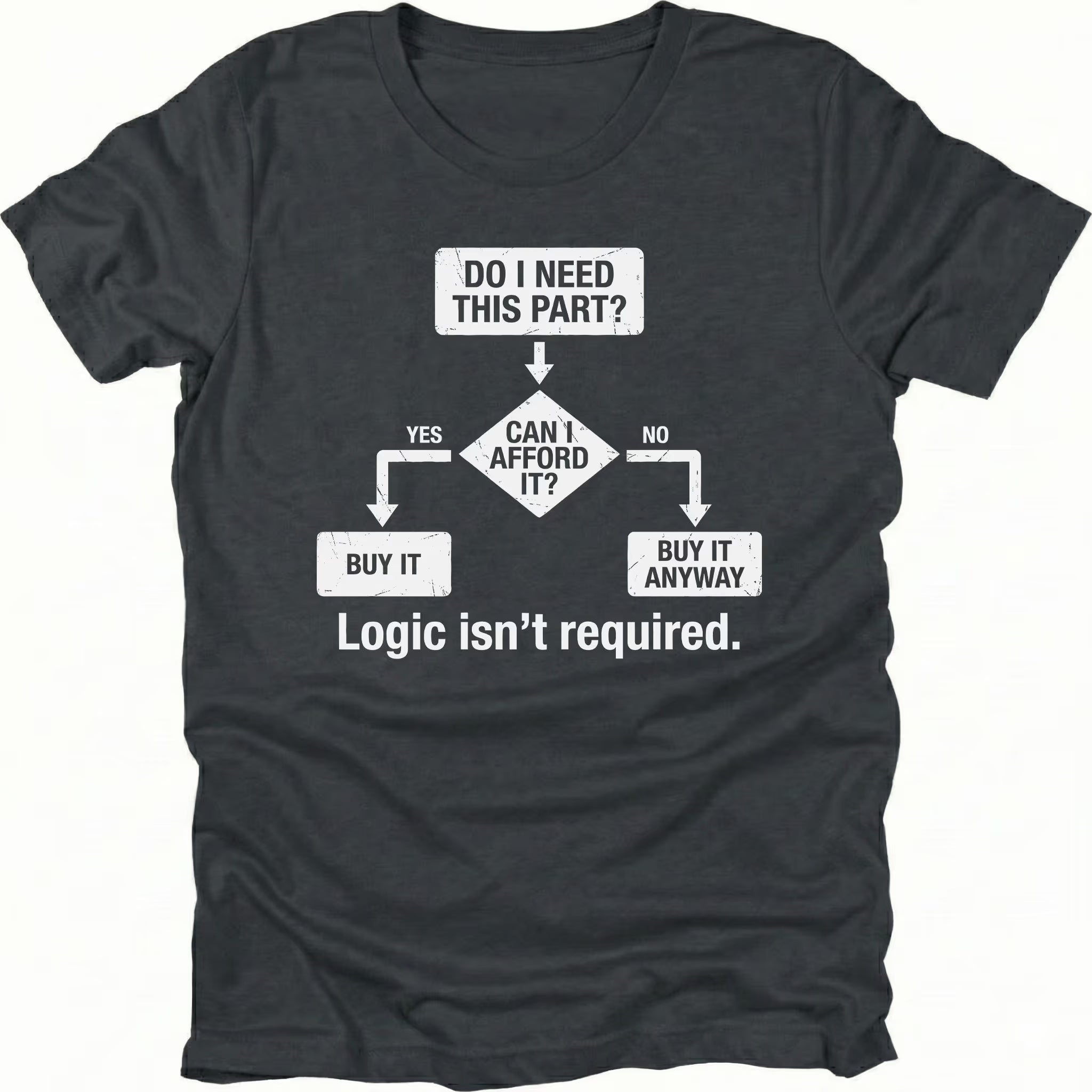 Black t-shirt featuring do i need this part logic isnt required flowchart graphic shown from the front by Trail Snark.