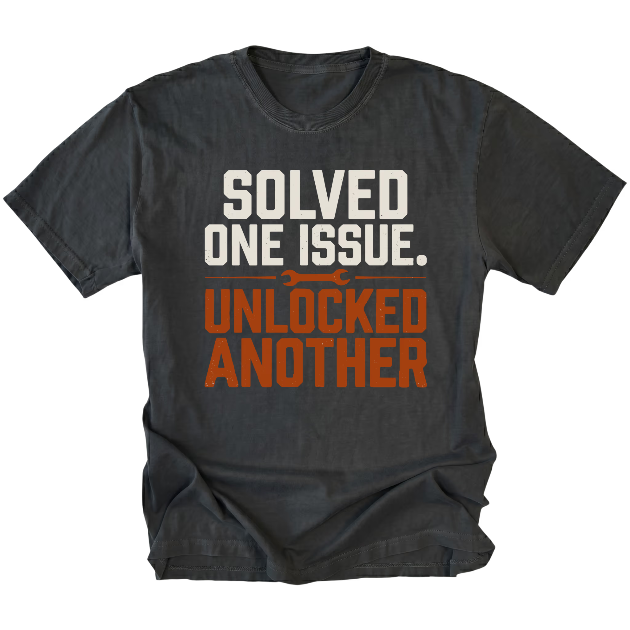 Black T-Shirt with the Solved One Issue. Unlocked Another design shown in a front view by Trail Snark.