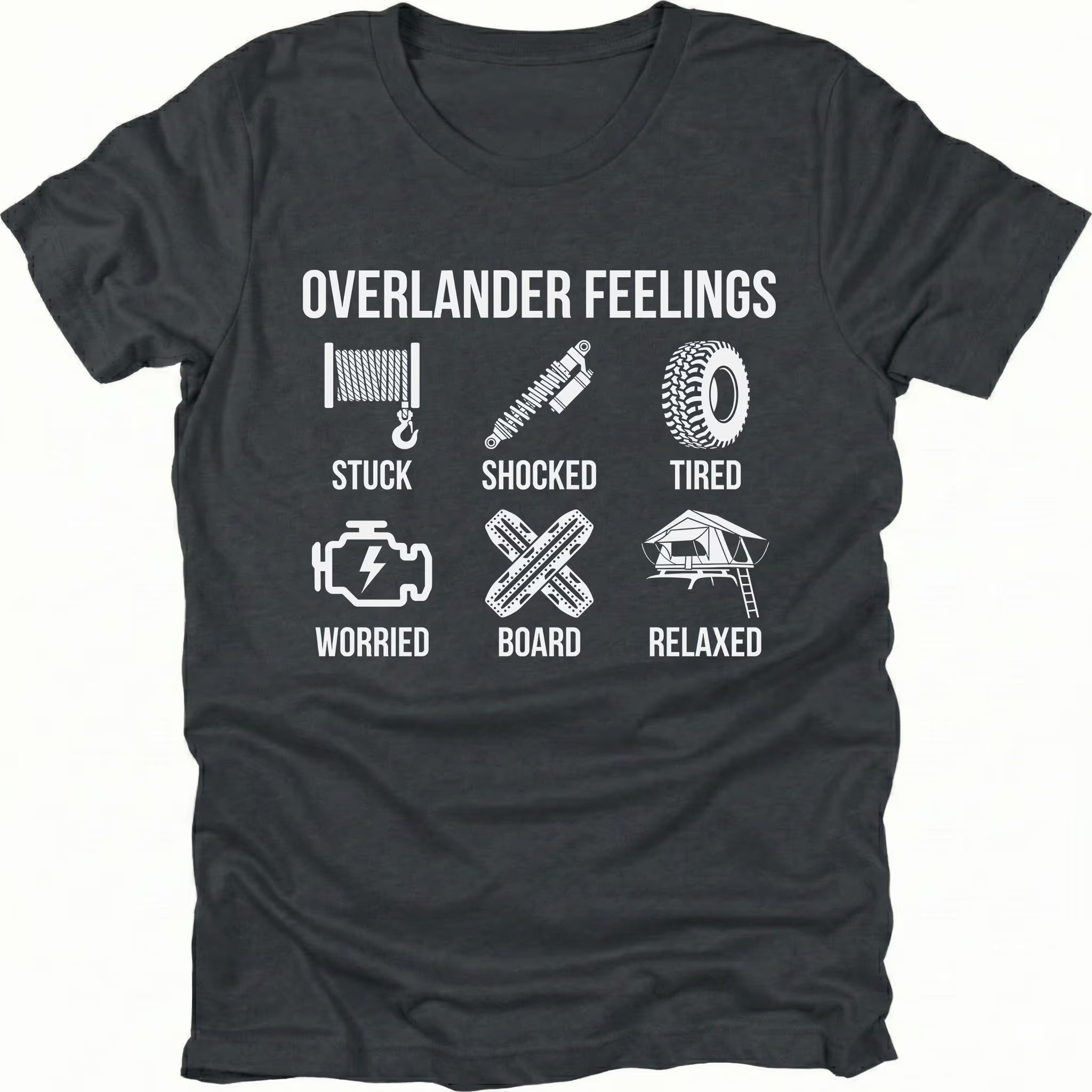 Black T-Shirt with “Overlander Feelings” icons showing stuck, shocked, tired, worried, board, and relaxed on front view by Trail Snark.
