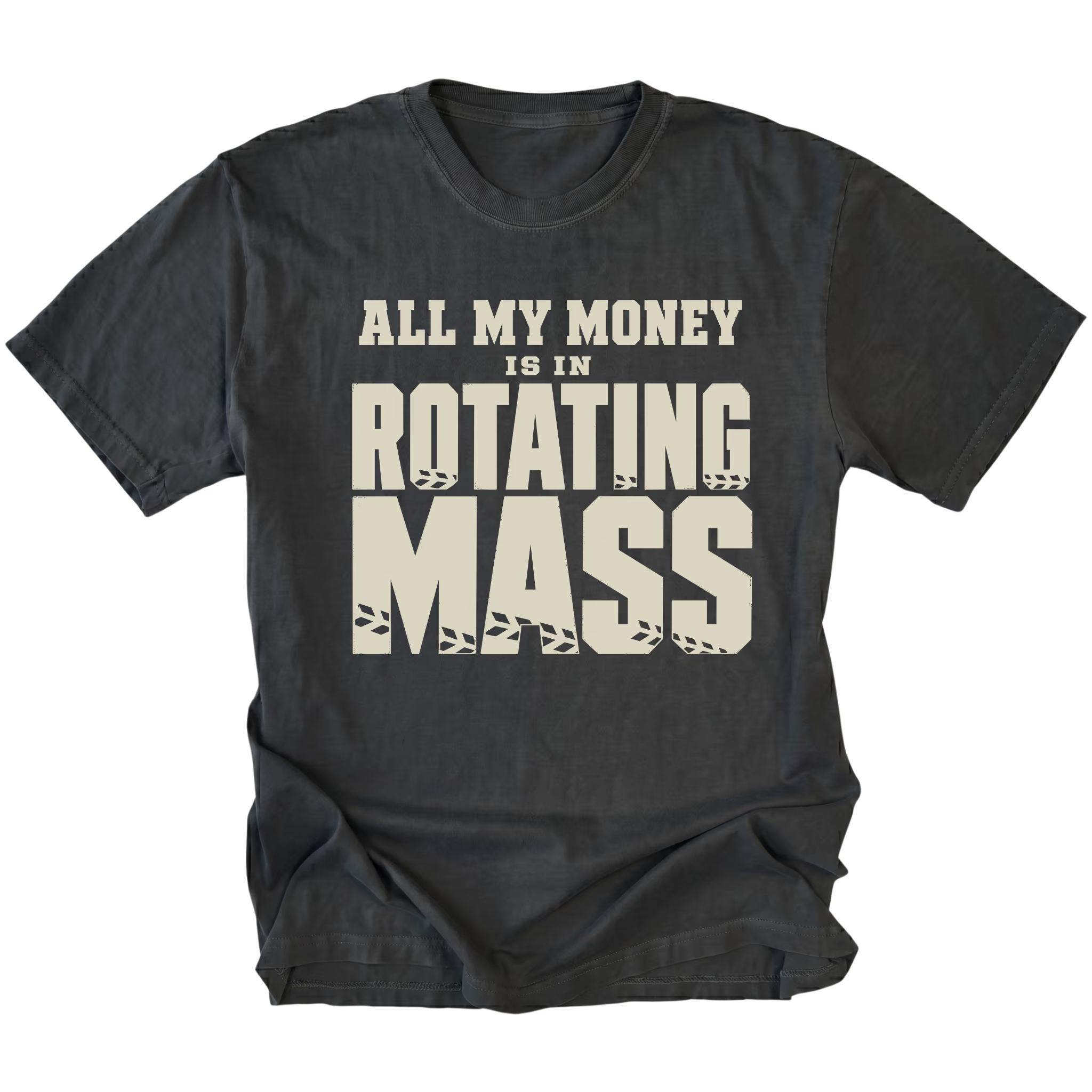 Black T-Shirt featuring the All My Money Is in Rotating Mass design with distressed lettering on the front view by Trail Snark.