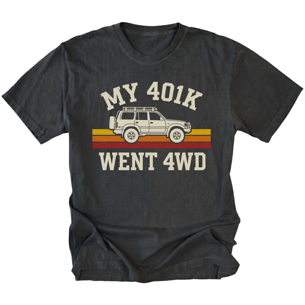 Black T-Shirt featuring My 401K Went 4WD design with off-road SUV graphic on front view by Trail Snark.
