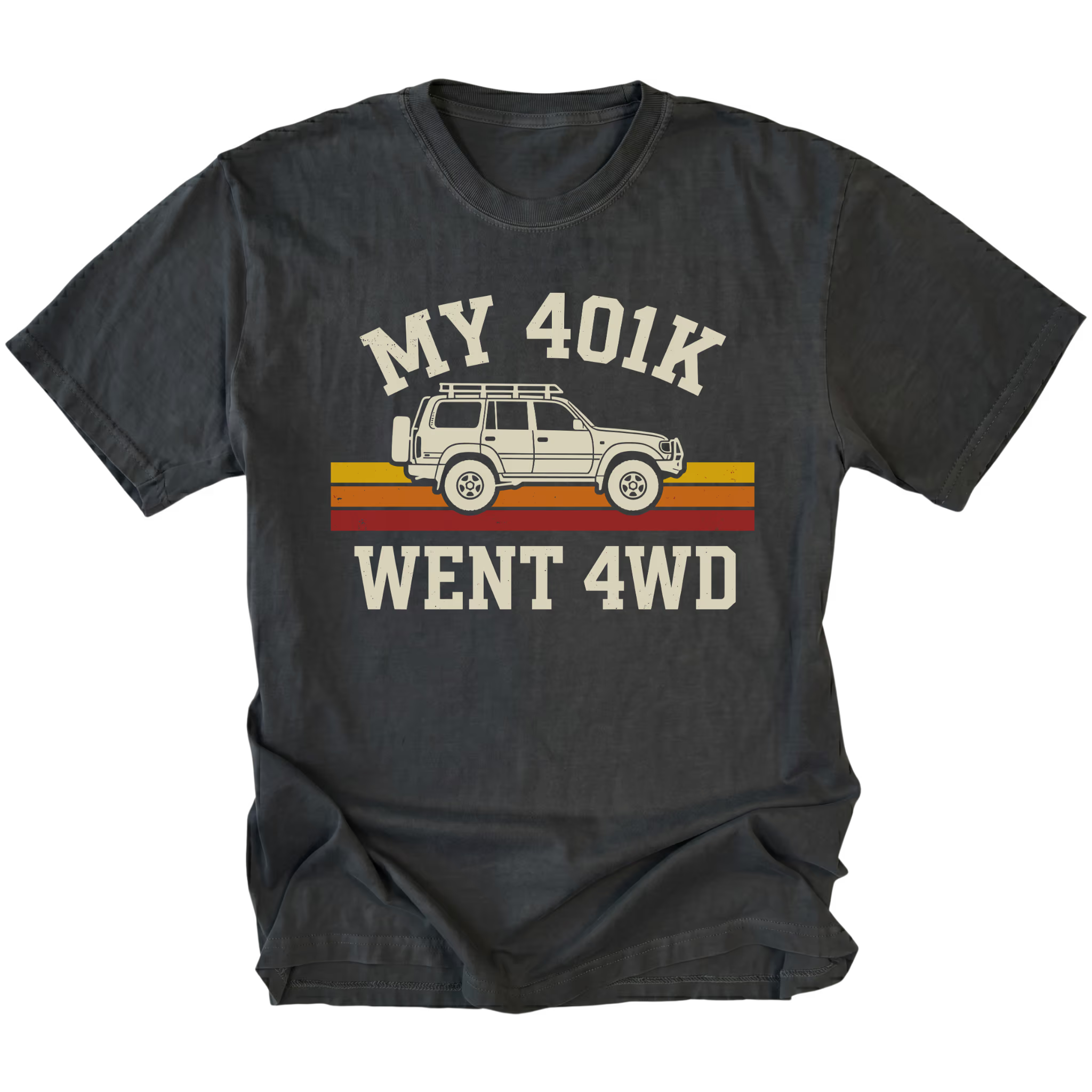 Black T-Shirt featuring My 401K Went 4WD design with off-road SUV graphic on front view by Trail Snark.