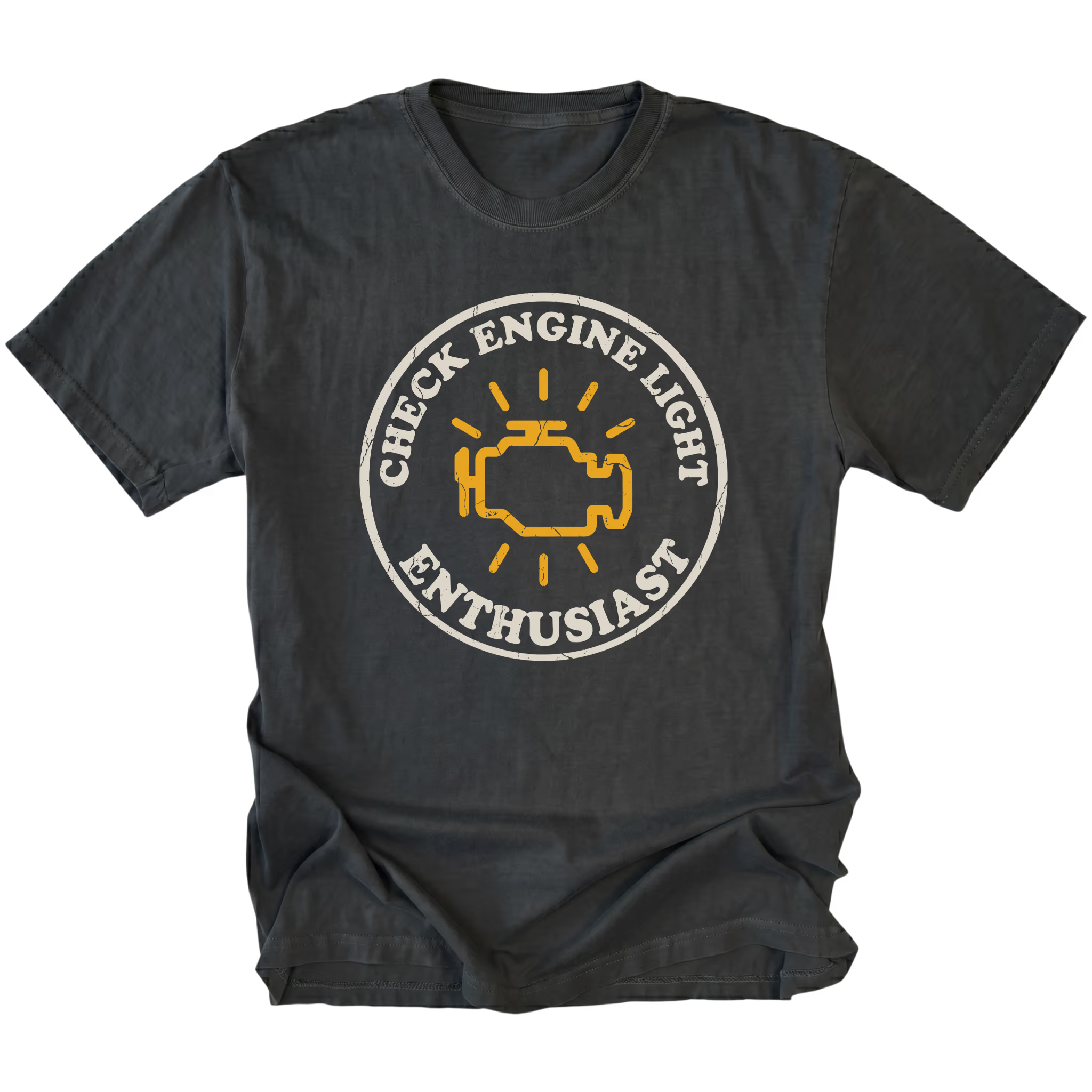 Black t-shirt featuring check engine light enthusiast circular engine warning graphic shown from the front by Trail Snark.