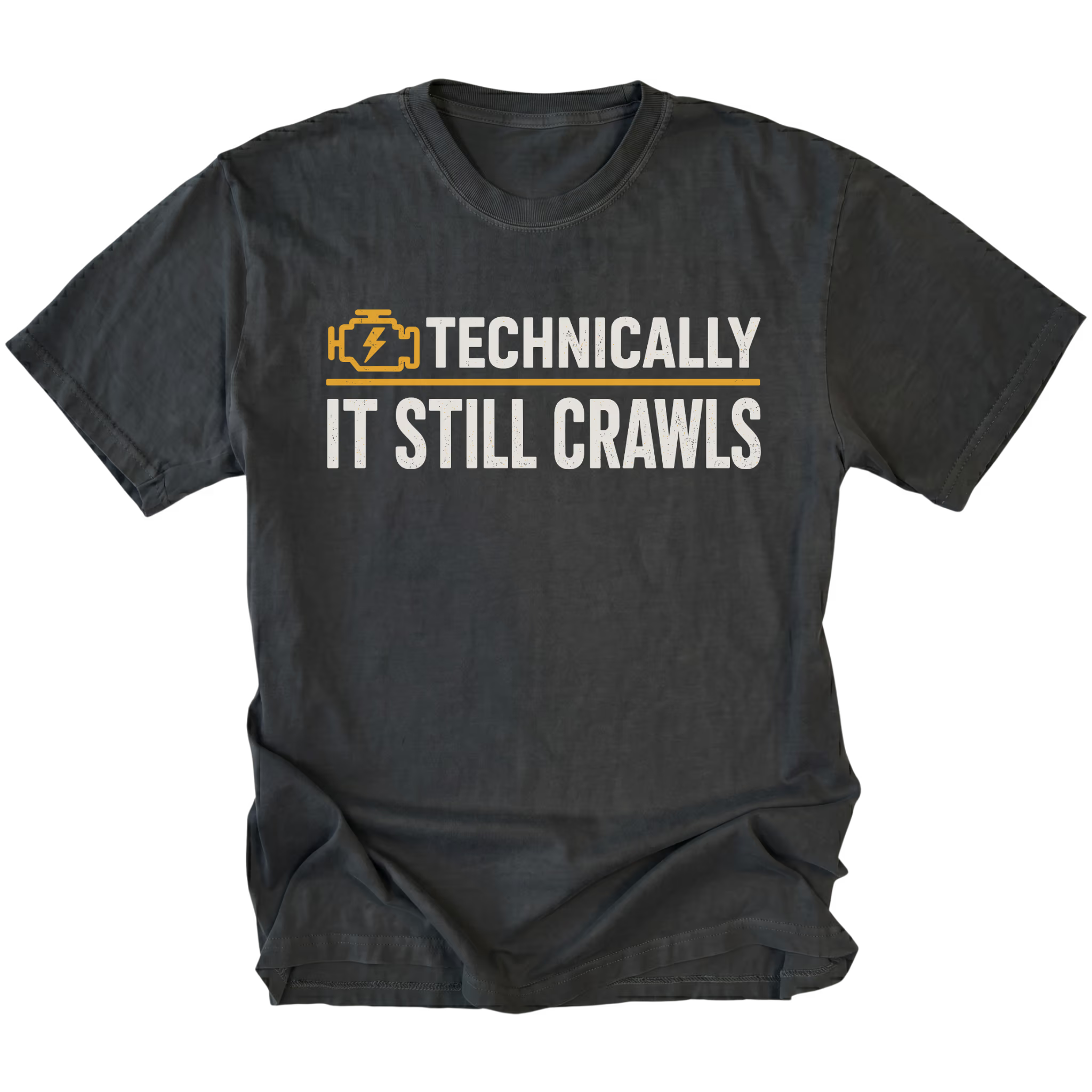 Black T-Shirt featuring the Technically It Still Crawls design on the front by Trail Snark.