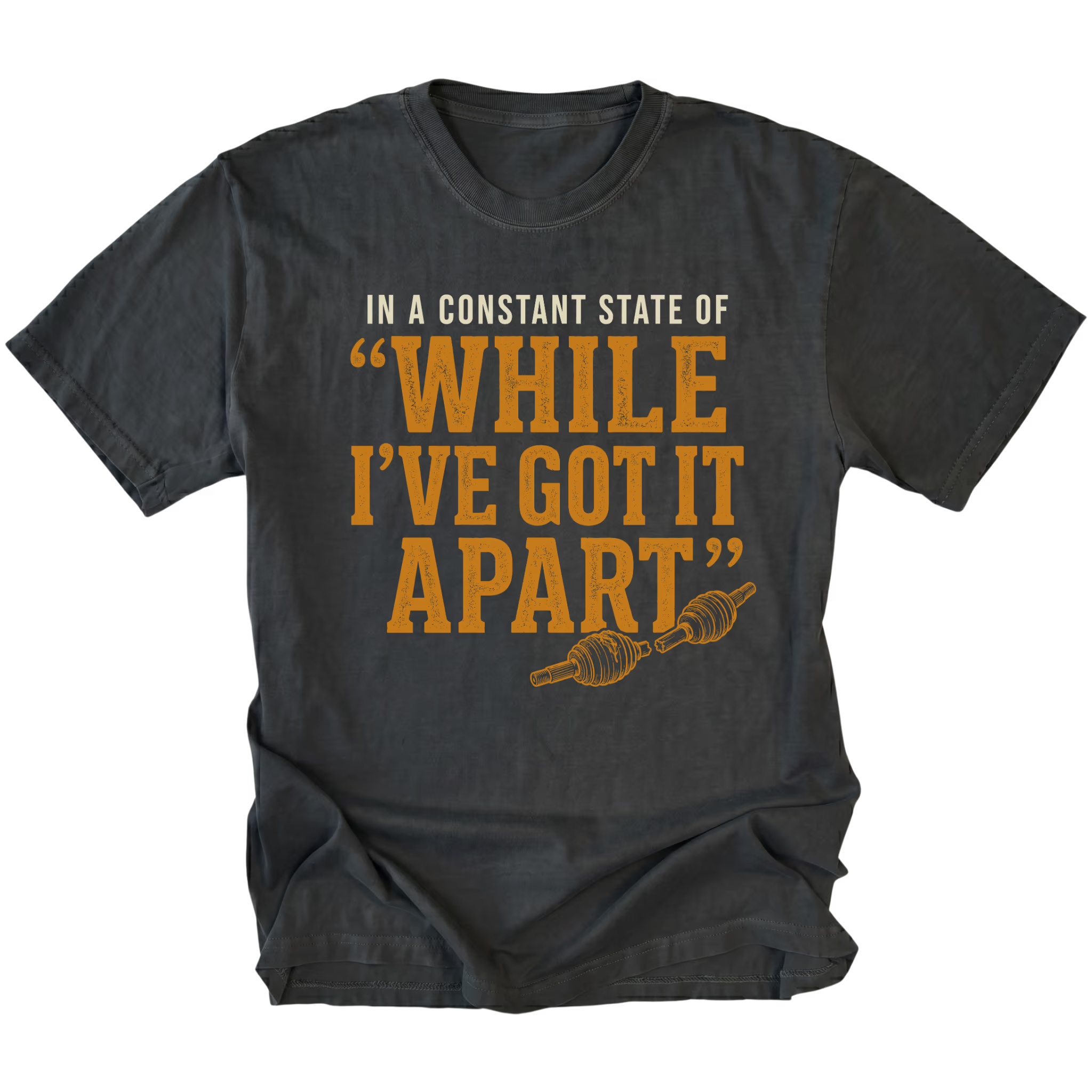 Black T-shirt with a While I've Got It Apart off-road repair design shown from the front by Trail Snark.