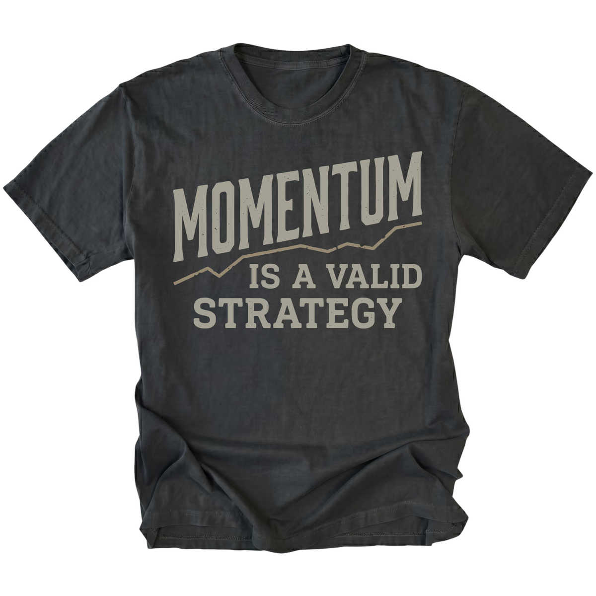 A black t-shirt with a distressed graphic print that reads 'MOMENTUM IS A VALID STRATEGY' in a light beige font, displayed against a solid white background.