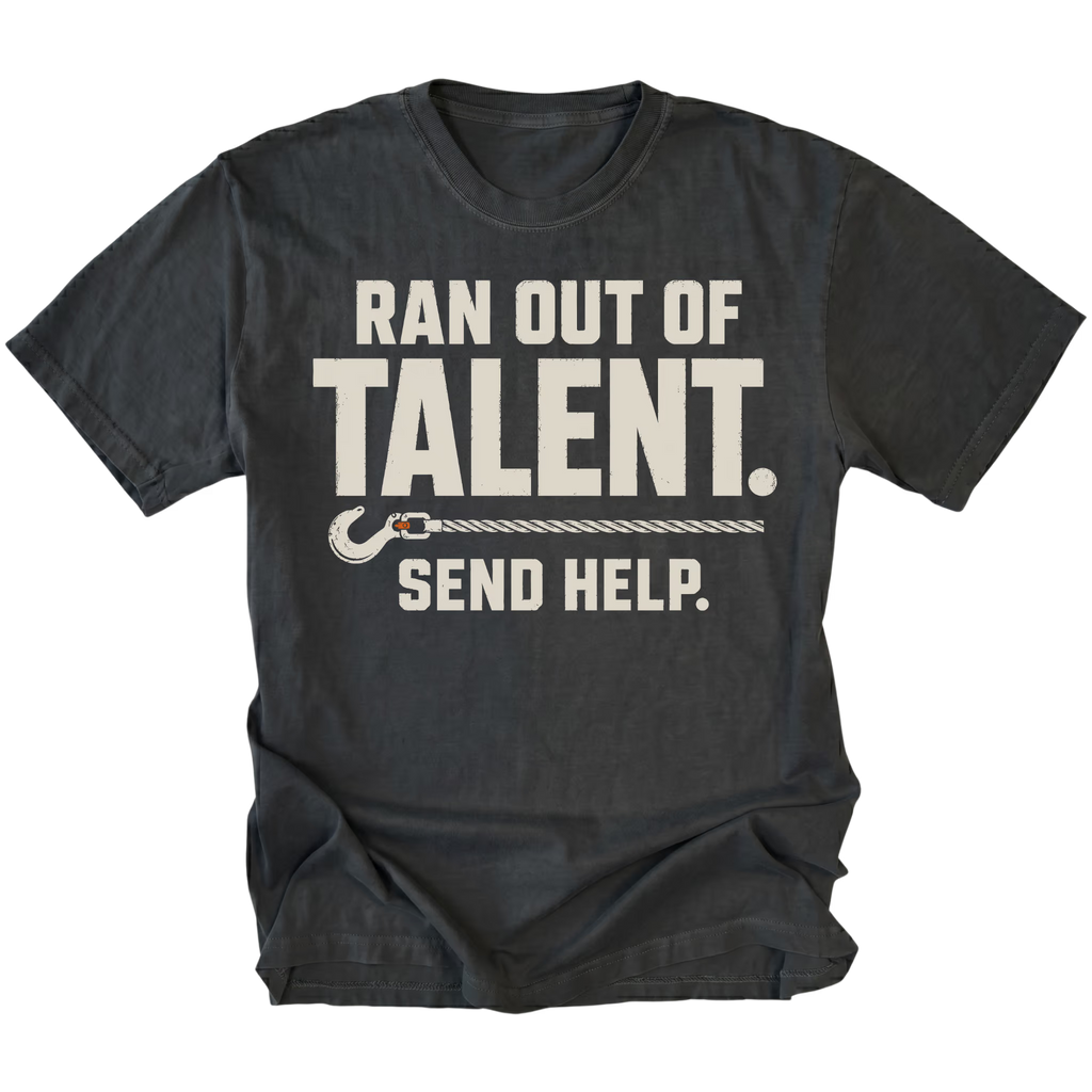 Black T-shirt featuring the Out of Talent recovery hook design on the front by Trail Snark.