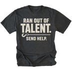 Black T-shirt featuring the Out of Talent recovery hook design on the front by Trail Snark.