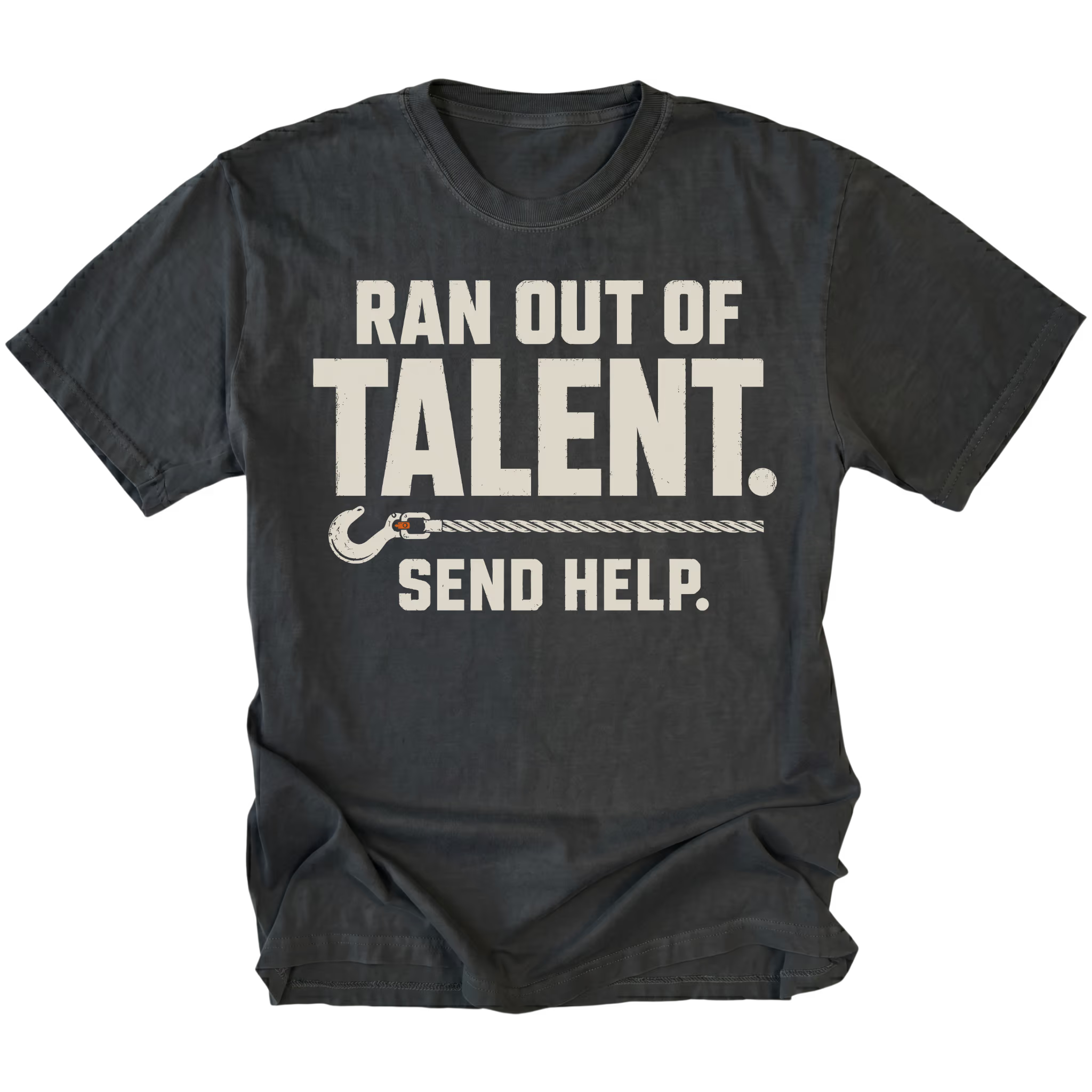 Black T-shirt featuring the Out of Talent recovery hook design on the front by Trail Snark.