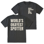 Black T-shirt with World's Okayest Spotter back design and driver passenger gas brake my bad front chest print by Trail Snark.