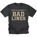 Black T-Shirt featuring the Senior Vice President of Bad Lines design shown in front view by Trail Snark.