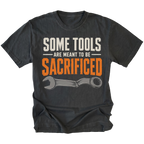 Black T-shirt featuring the Sacrificial Tools design with a broken wrench on the front by Trail Snark.