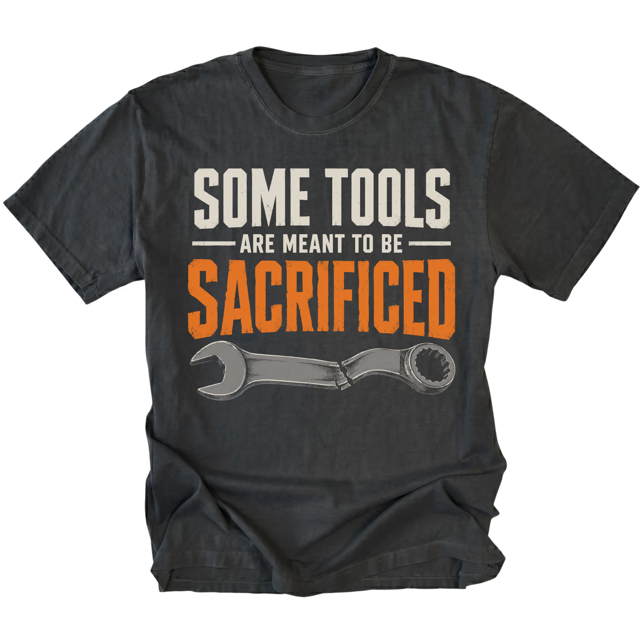 Black T-shirt featuring the Sacrificial Tools design with a broken wrench on the front by Trail Snark.