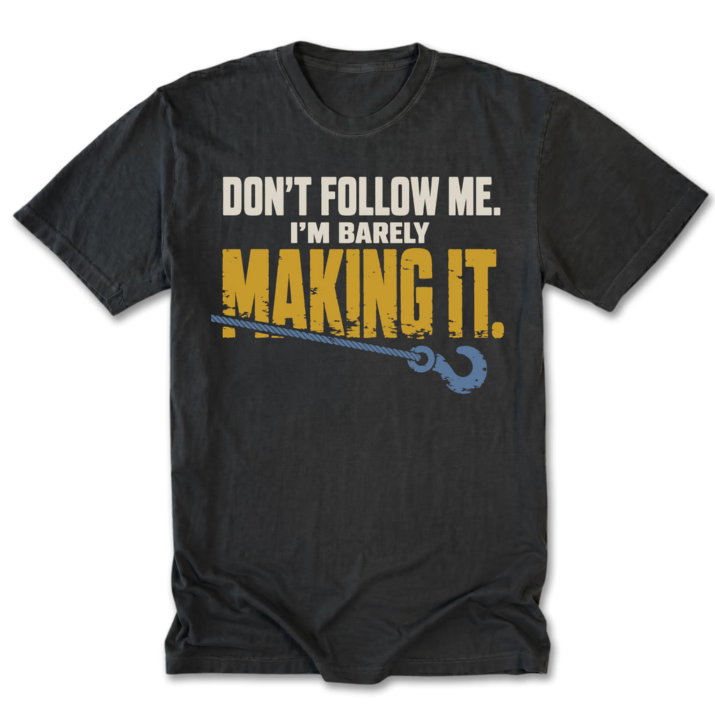 Black tall tee featuring the Barely Making It recovery design on the front by Trail Snark.