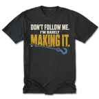 Black tall tee featuring the Barely Making It recovery design on the front by Trail Snark.