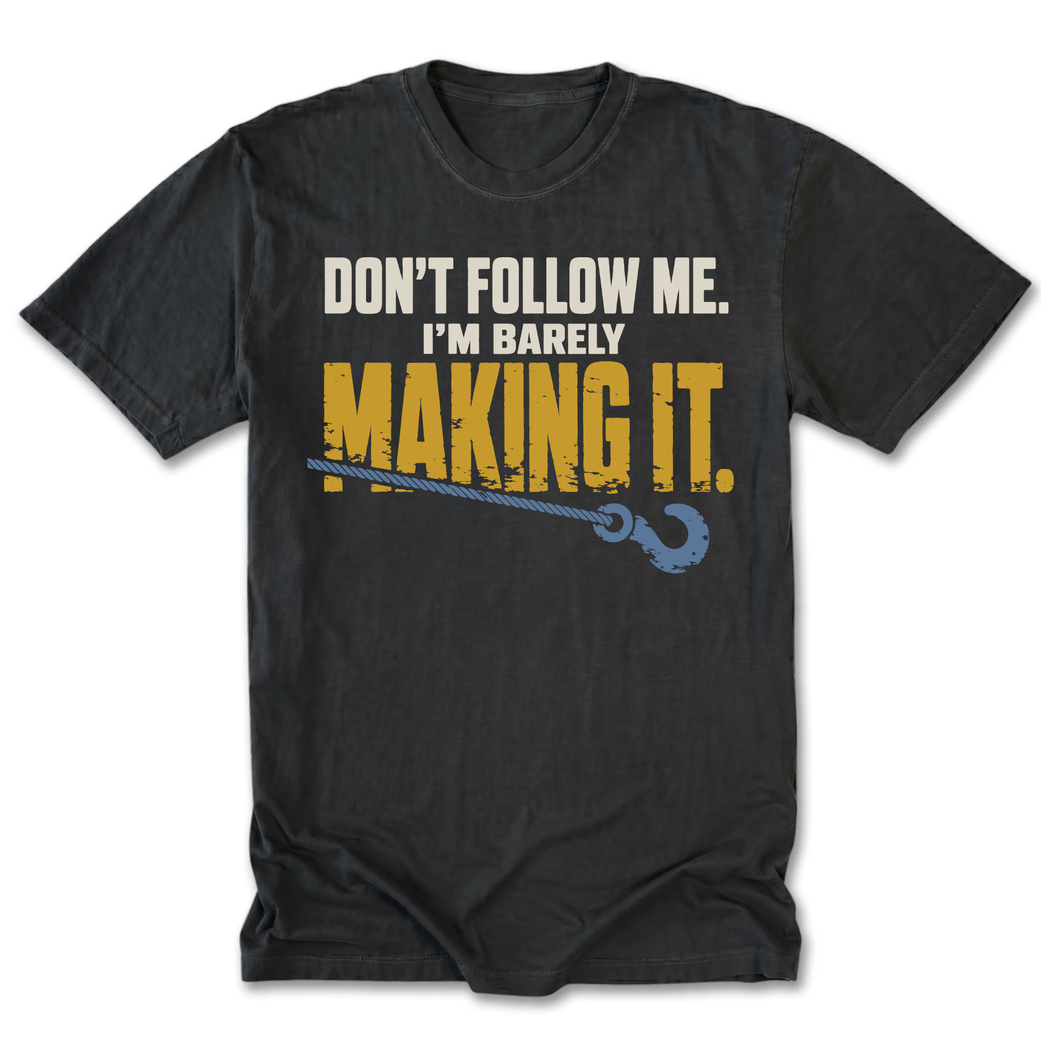 Black tall tee featuring the Barely Making It recovery design on the front by Trail Snark.