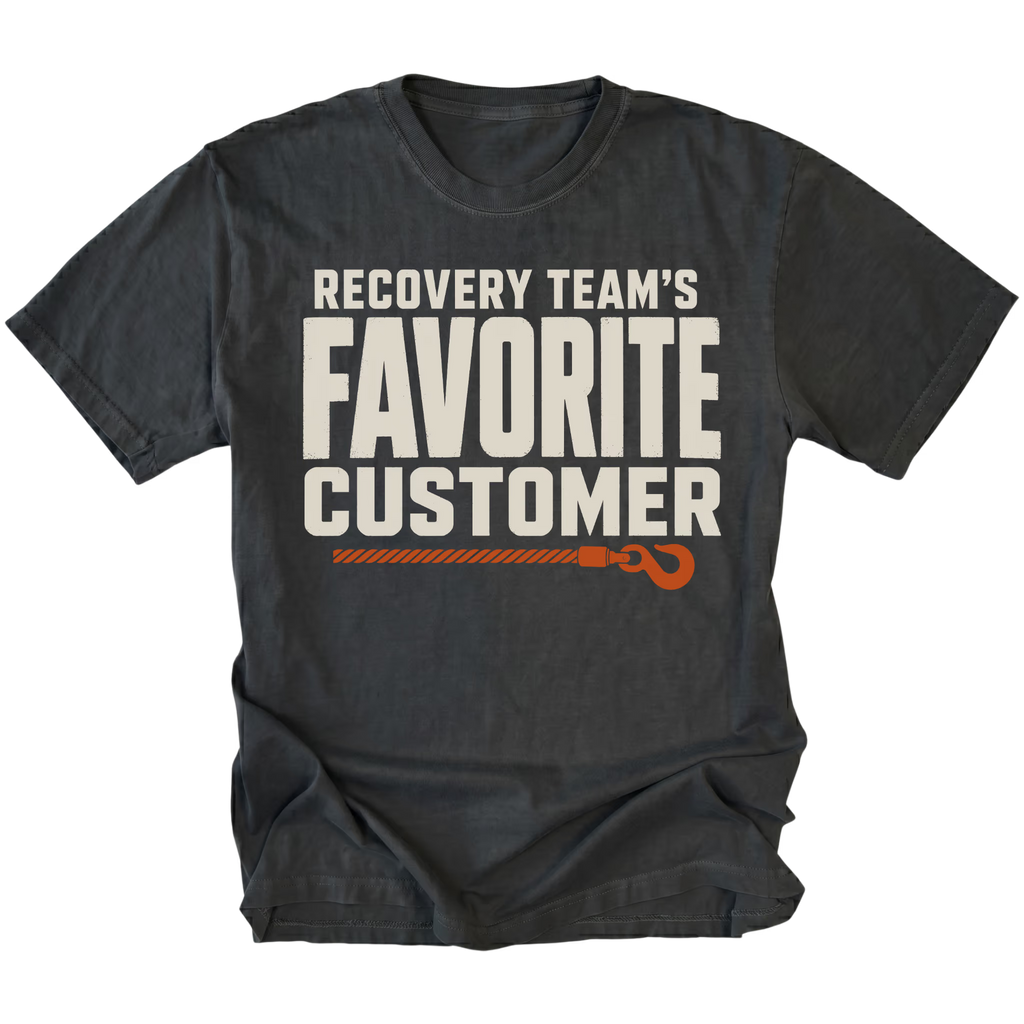 Black T-shirt featuring the Favorite Customer recovery design on the front by Trail Snark.