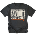 Black T-shirt featuring the Favorite Customer recovery design on the front by Trail Snark.
