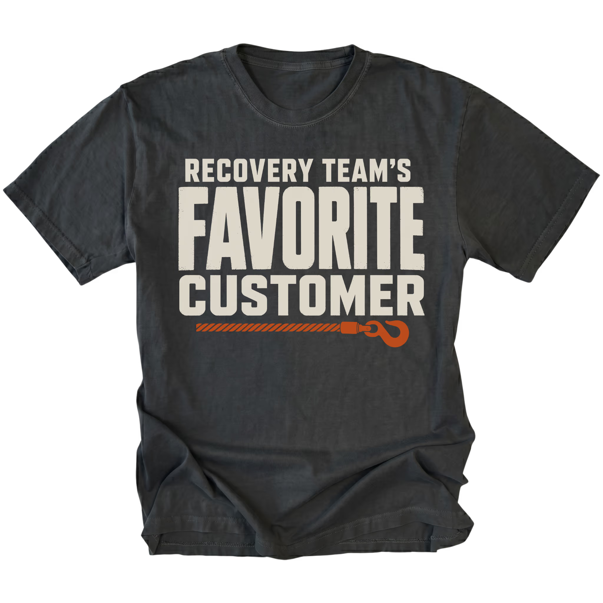 Black T-shirt featuring the Favorite Customer recovery design on the front by Trail Snark.