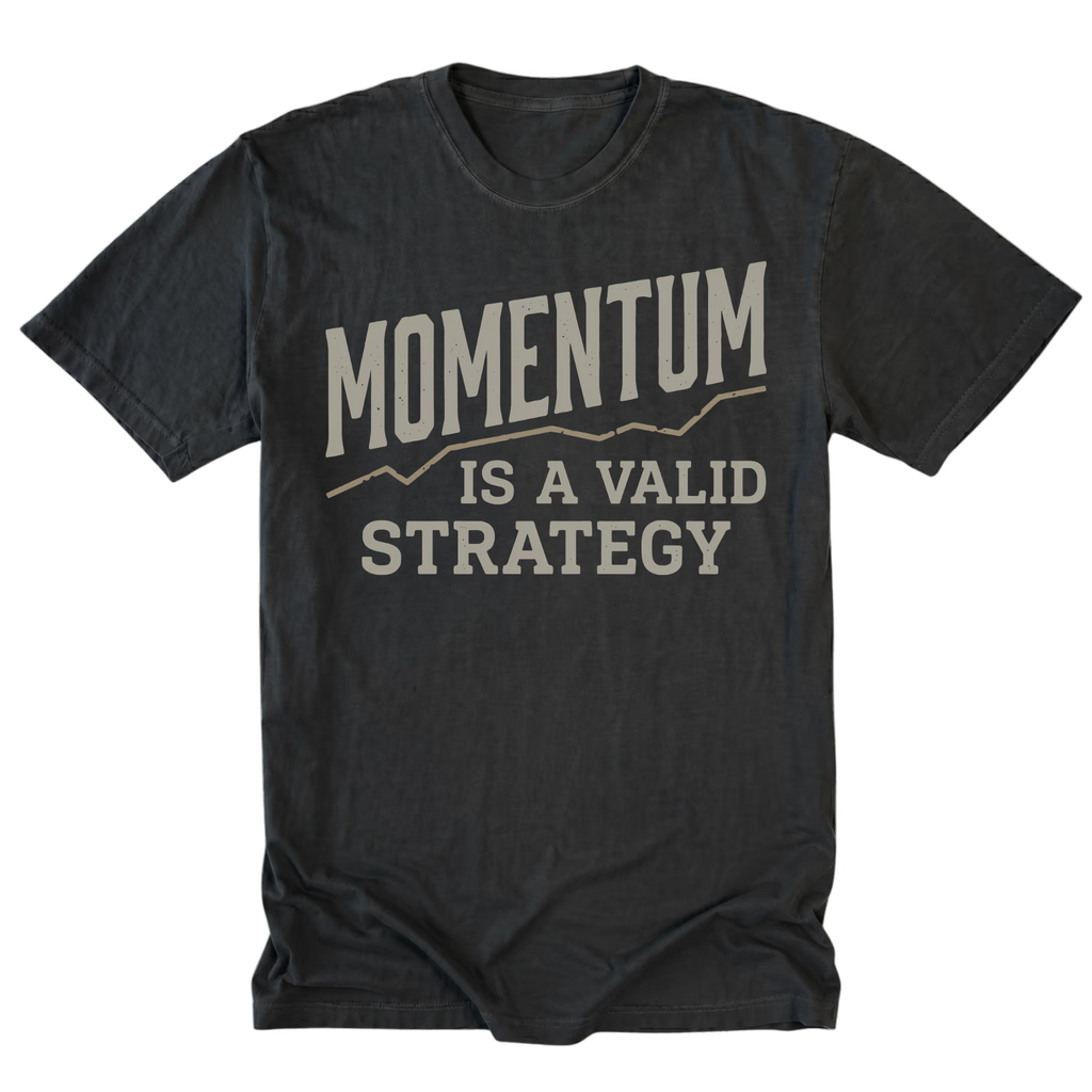 A black t-shirt with a distressed graphic print that reads 'MOMENTUM IS A VALID STRATEGY' in a light beige font, displayed flat against a solid white background.