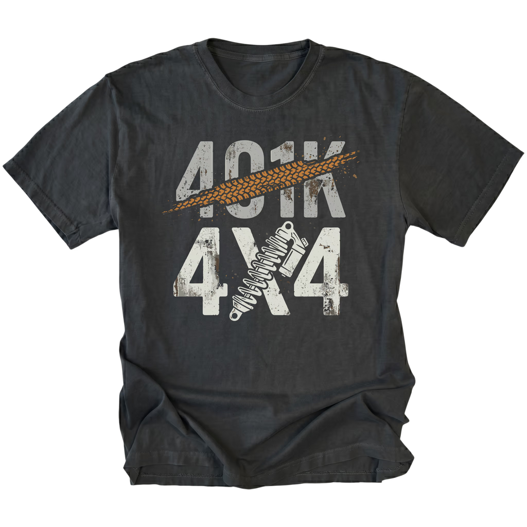 Black T-Shirt featuring 401K 4x4 design with tire track slash and shock graphic on front view by Trail Snark.