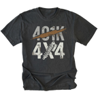 Black T-Shirt featuring 401K 4x4 design with tire track slash and shock graphic on front view by Trail Snark.