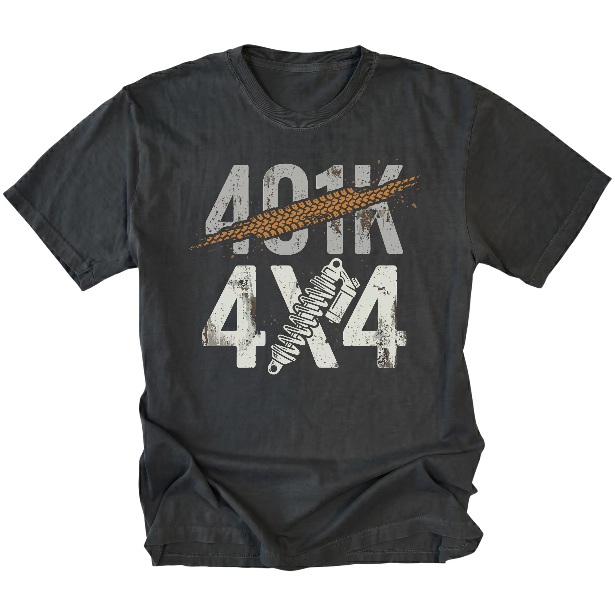 Black T-Shirt featuring 401K 4x4 design with tire track slash and shock graphic on front view by Trail Snark.