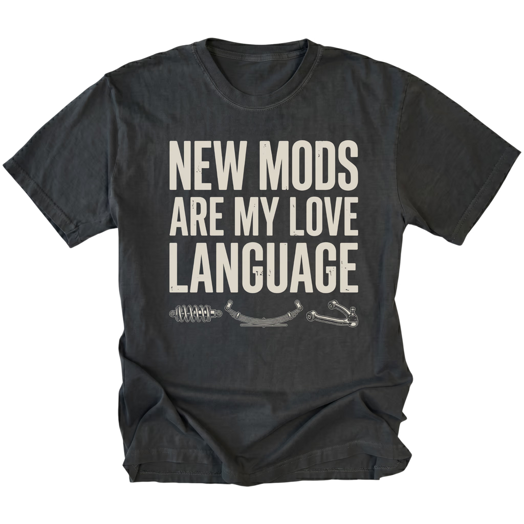 Black t-shirt with distressed white text reading New Mods Are My Love Language and small suspension component illustrations underneath.