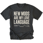 Black t-shirt with distressed white text reading New Mods Are My Love Language and small suspension component illustrations underneath.